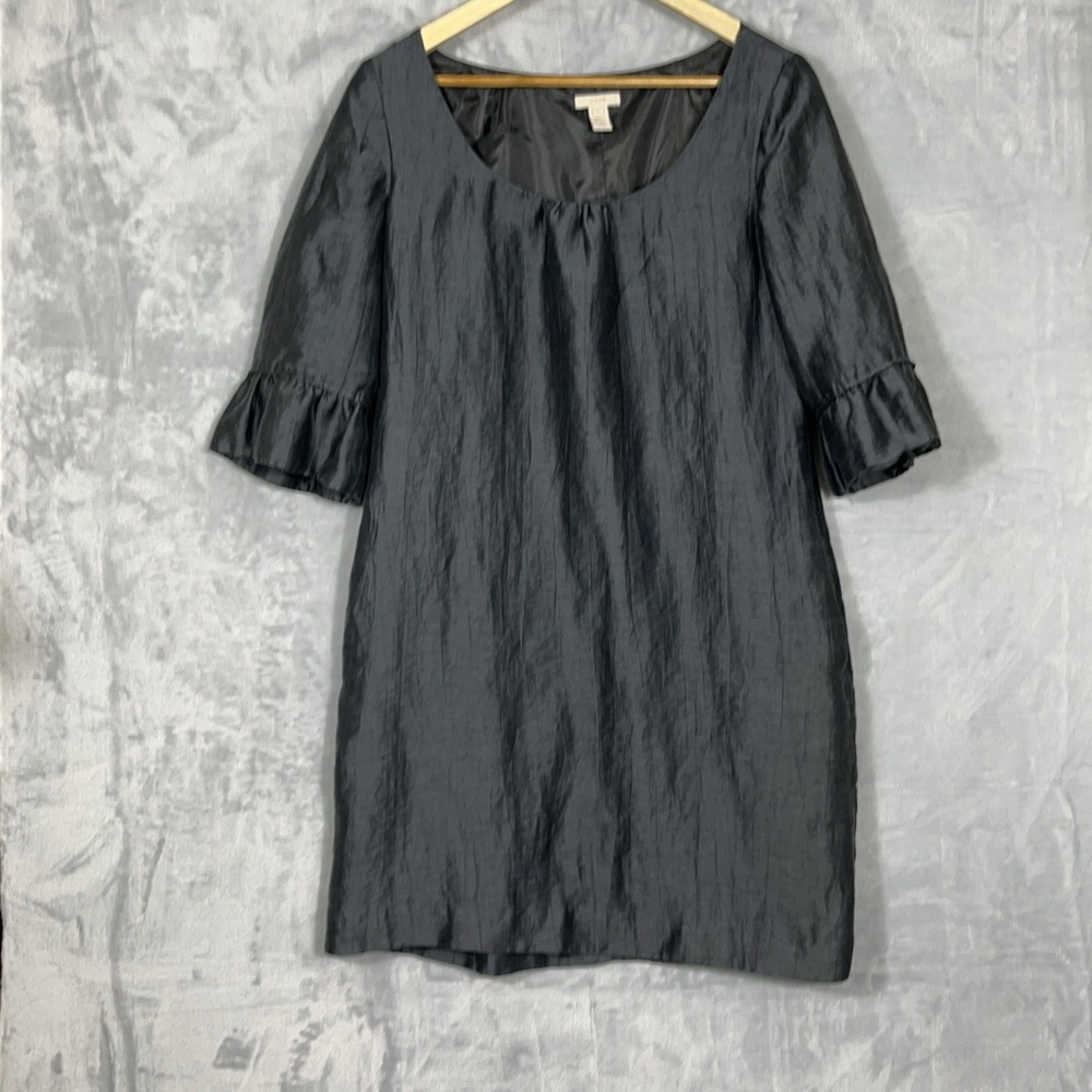 J. Crew linen blend midi shift dress 3/4 bell sleeve‎ charcoal pockets size 8**